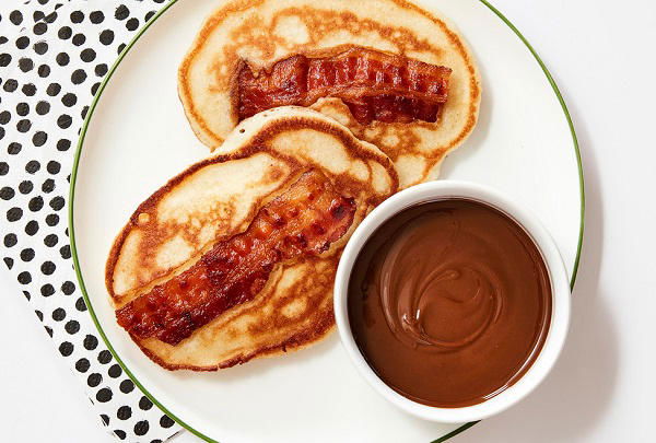 Bacon Pancake Dippers with Chocolate-Peanut Butter Sauce